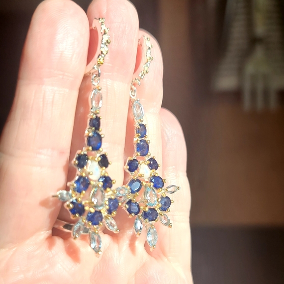 Sapphire Topaz & Moonstone ornate sterling & gold earrings - Picture 3 of 8
